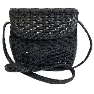 Vtg 70s LJS Collection Weaved Shoulder Bag Purse Black Leather Medium Classic